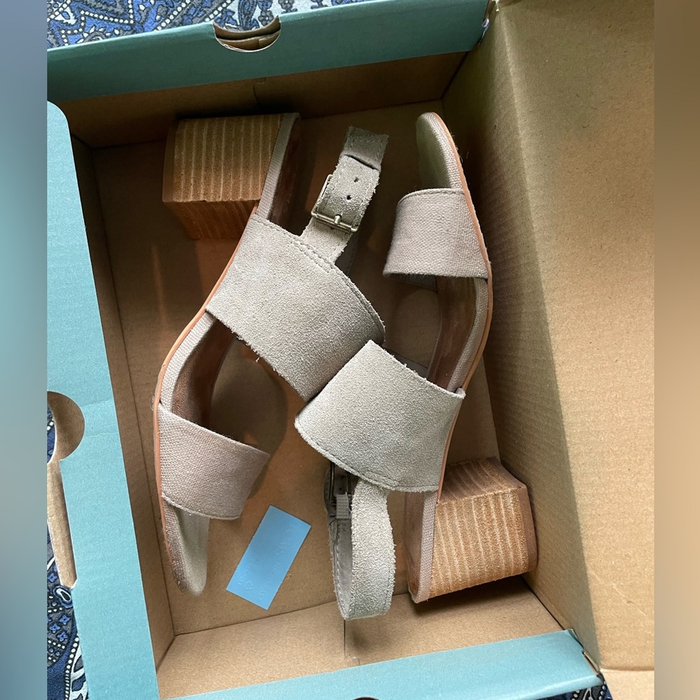 Toms Suede Beige Block Heel Sandals